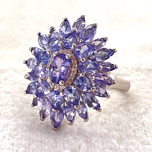 Elegant Tanzanite Floral Cluster Cocktail Ring Platinum over Sterling Silver